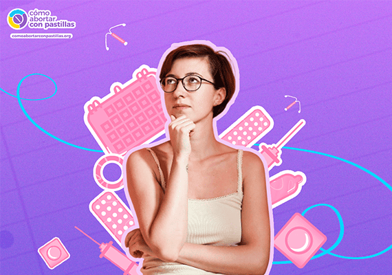 Mujer pensativa rodeada de ilustraciones de métodos anticonceptivos como condones, píldoras, DIU e inyección sobre un fondo morado