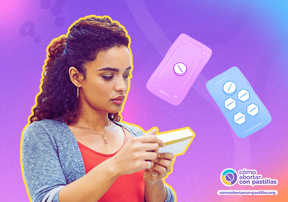 Mujer pensativa sosteniendo una caja, comparando la anticoncepción de emergencia y las pastillas abortivas, con ilustraciones de blísters y signos de interrogación de fondo.